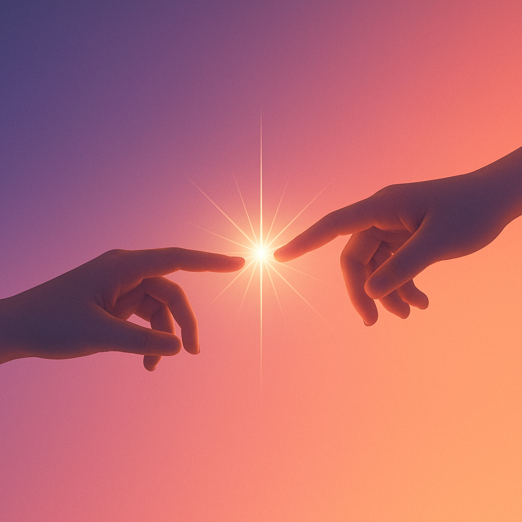 Two hands reaching toward each other with a spark of connection, symbolizing meaningful human connection and community