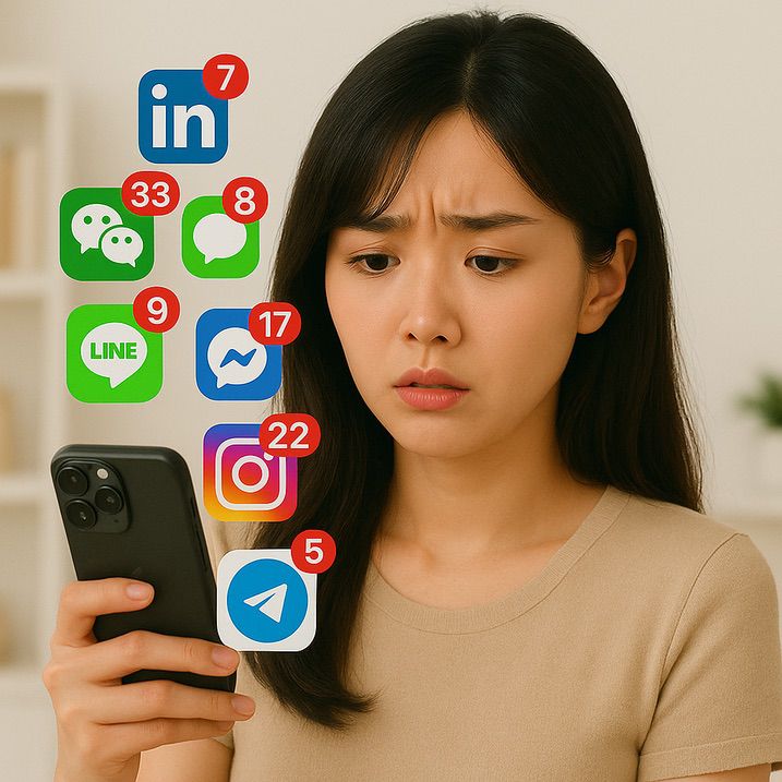 Frustrated person overwhelmed by multiple messaging apps and social media notifications, illustrating the problem of lost connections across platforms